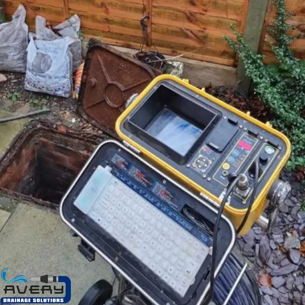CCTV drain survey equipment and an open drain inspection chamber.
